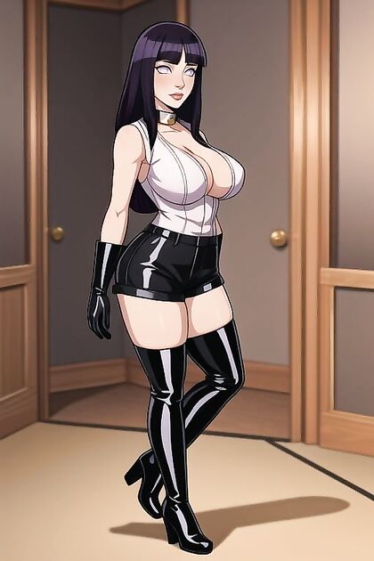 Standing Frontal Action in Black Leather Thigh-High Boots Hentai AI