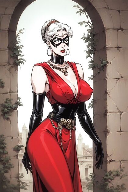 Black Cat Marvel Heroine in Black Mask, White Hair, and Red Lips Wields Sword in Kinky Hentai AI Image
