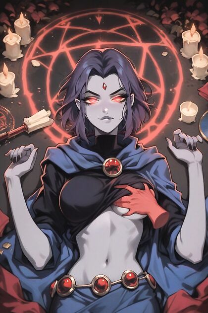 Raven with Red Eyes Gropes Breasts Amidst Mysterious Glowing Circles