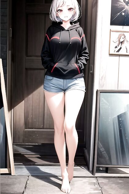 Red-Eyed Beauty with White Hair Teased in Sexy Shorts for AI Hentai Pleasure