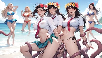 French Maid Gets Intense Ahegao Pleasure on the Beach in Hentai Hentai AI Image