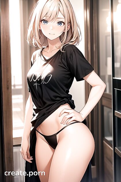 Blue-Eyed Babe with Small Breasts Seduces in Oversized T-Shirt Hentai AI Image