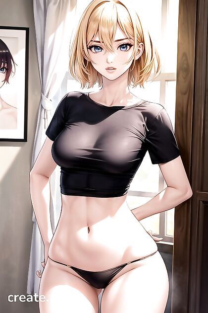 Blonde With Small Breasts Seduces in Oversized T-Shirt Hentai AI Image