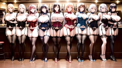 Five Girl 18+s in Nyloons and Garter Belts at the Bar Heat up the Image in Vibrant Hentai