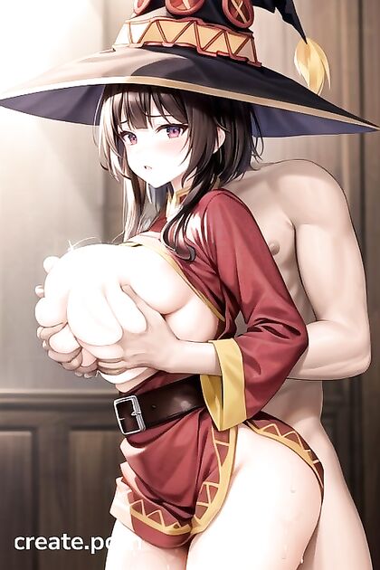 Megumin from Isekai Quartet Seductively Grabbed from Behind in Traditional Korean Dress