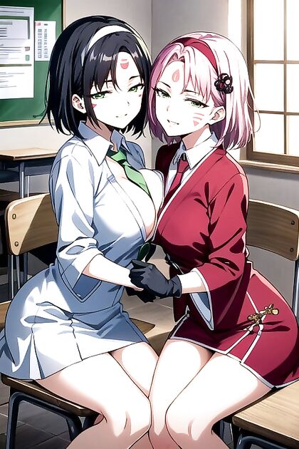 Sakura from Naruto Embraces Girl 18+s While Gazing at You in Steamy Hentai AI Image