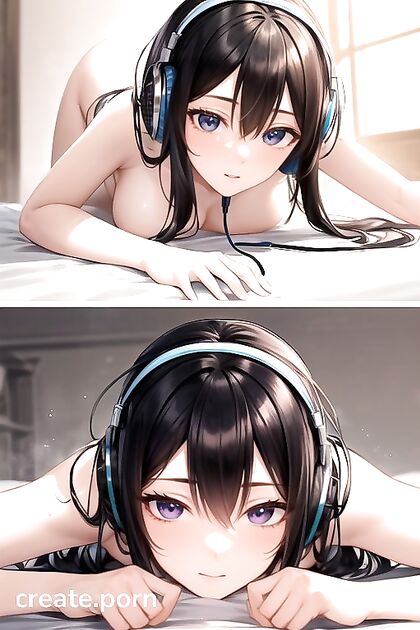 Hot Black-Haired Babe with Headphones and Bush inSTEAMy Hentai AI Image