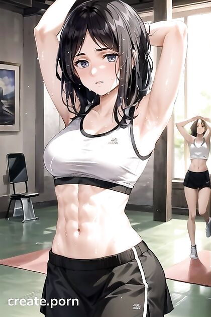 Sporty Chick in Sweaty Bra and Skirt Takes On Intense Hentai AI Image