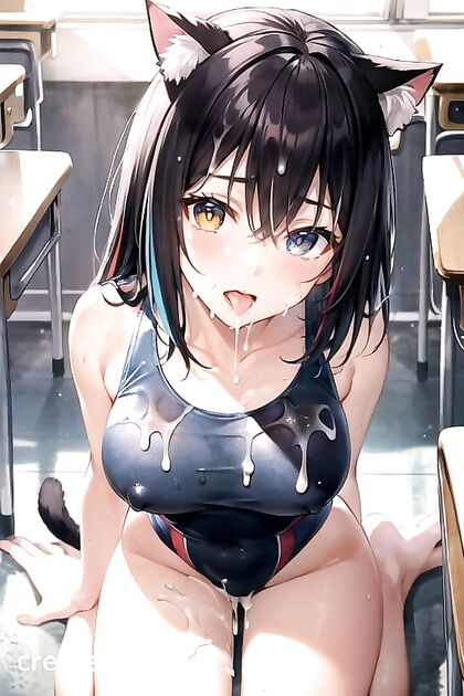 Cat-Eared Beauty with Heterochromia Dazzles in Seductive Swimsuit Hentai AI Image