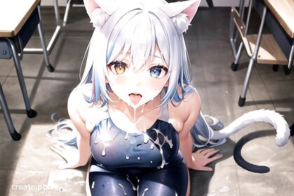 Multi-Colored Hair and Cat Ears Tease in Seductive Hentai Tail Action