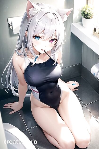 Kneeling in Swimsuit with Cat Ears for Intense Hentai Pleasure