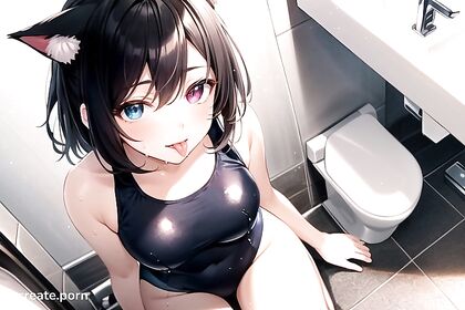 Sweaty Cat-Tailed Beauty in Swimsuit for Steamy Hentai Pleasure