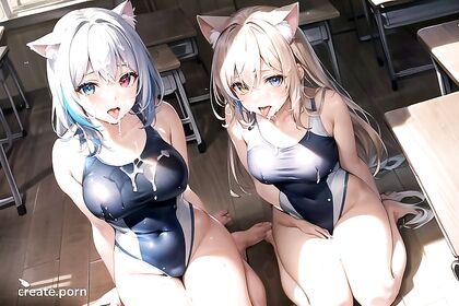Kneeling hentai pleasure with heterochromatic eyes and cat ears
