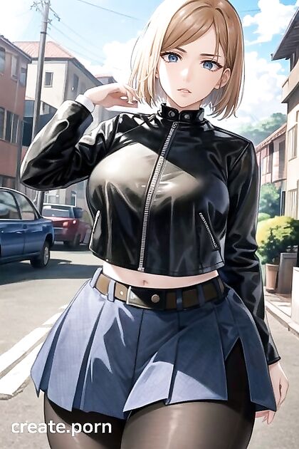 Nobara Kugisaki in Black Leather Biker Jacket for Steamy Jujutsu Kaisen Hentai AI Image