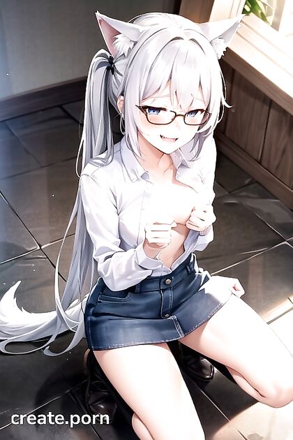 Topless Girl 18+ with Pigtails and Wolf Ears in Seductive Hentai AI Image