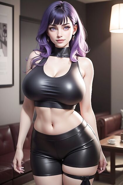 Huge Breasts and Vibrant Purple Hair in Tight-Fitting Clothes Hentai Fantasies