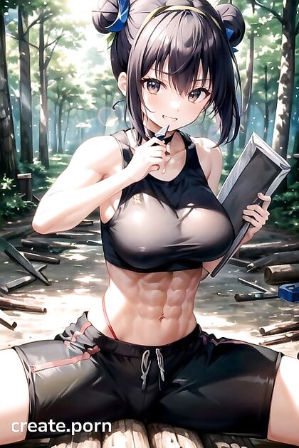 Bun-Topped Beauty in Cargo Pants Rocks Out in Busty Hentai AI Image