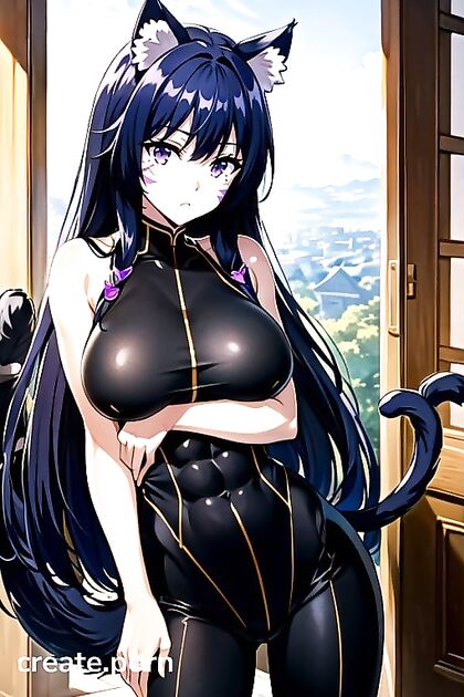 Big-Busted Cutie in Jean Shorts and Cat Ears Enjoying Steamy Hentai AI Image