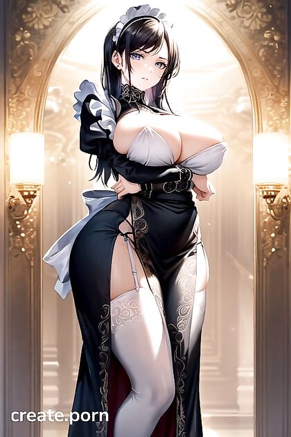 Victorian Fantasy Maid in Elaborate conservative attire, arms crossed under chest