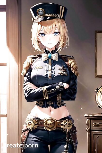 Steampunk Army Commander with Crossed Arms and Blonde Hair in Uniform Tempts You