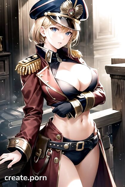 Steampunk Army Commissar with Tight Uniform and Strained Cleavage Displays Strict Discipline