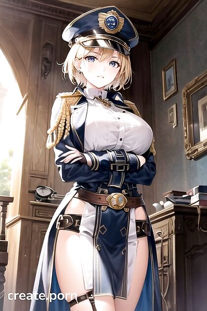 Steampunk Army Commander with StrainedUniform Tits andBlondeHair in SexyTrenchcoat Pose