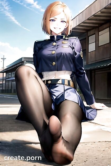 Nobara Kugisaki from Jujutsu Kaisen Sits Seductively While Unveiling Her Feet in Steamy Hentai AI Image