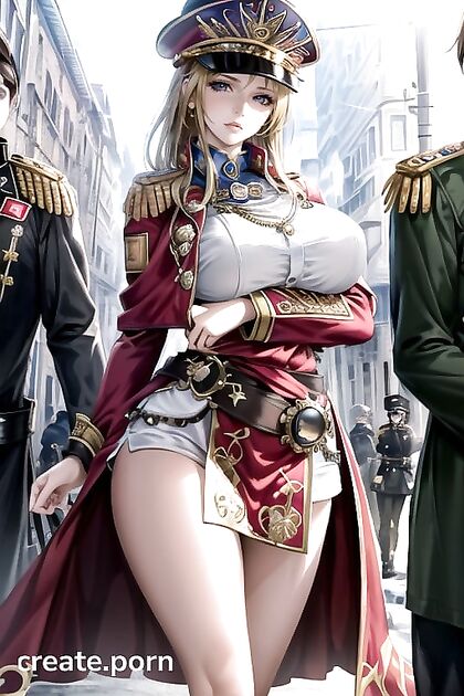 Steampunk Army Commissar with Huge Tits Strains Uniform Buttons in Surreal Close-Up