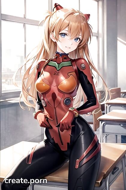 Asuka from Evangelion Seduces with Mischievous Smiles at Her School Desk