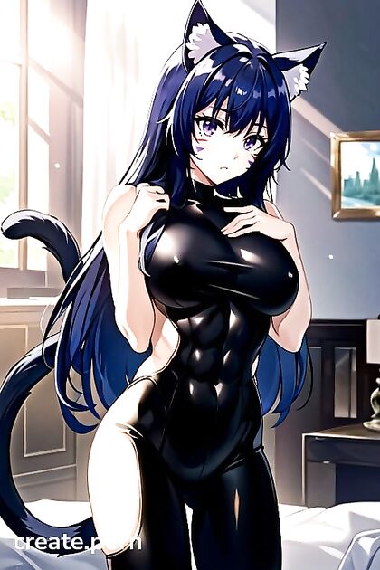 Naked Girl 18+ in Jean Shorts with Cute Cat Ears for steamy Hentai Fun