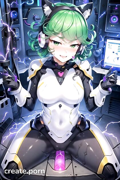 Front View Action - Sexy Robot Armor Heroine Pleases Herself on Sex Machine