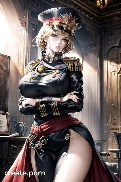 Steampunk Army Commissar with Huge Tits Strained Under Buttoned-UpUniform Poses Seductively