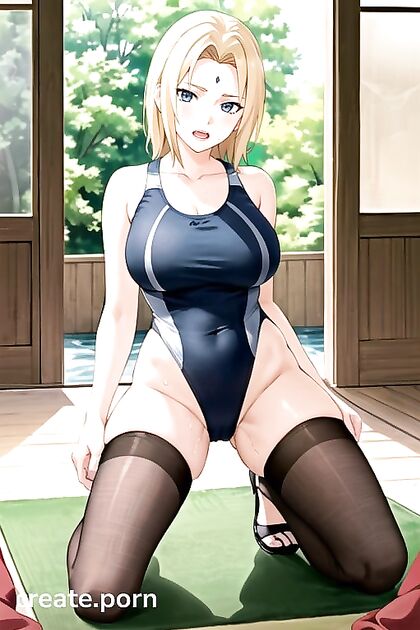 Tsunade from Naruto Kneels in Seductive Swimsuit for Intense Hentai Pleasure