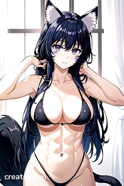 Muscular Girl 18+ with Cat Ears Teased in Sexy Bikini Hentai AI Image