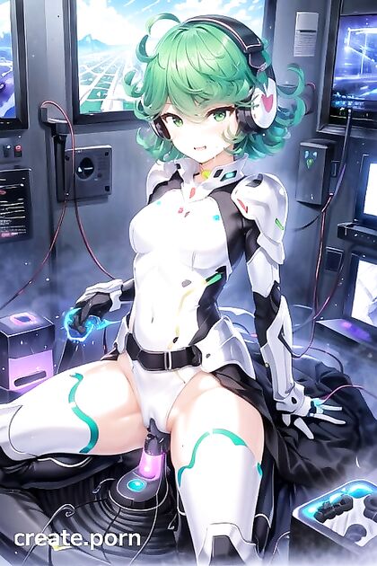 Mischievously Blushing While Enjoying Headphones and a Sex Machine in Hentai Hentai AI Image