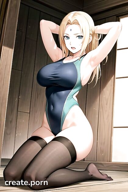 Kneeling in Swimsuit with Arms Raised for Steamy Hentai Pleasure