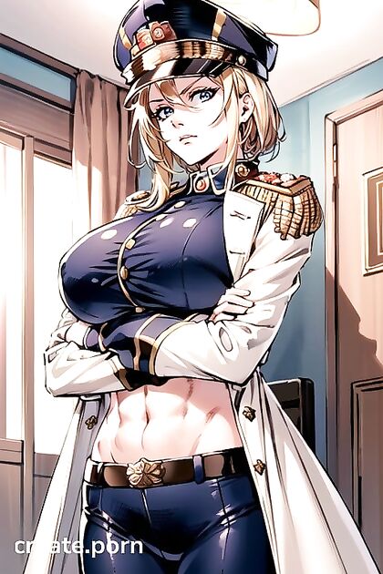 Army Commissar in Tight Uniform with Huge Tits Straining Buttons, Legs Crossed Seductively