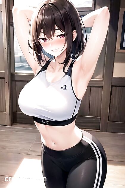 Mischievous Smile and Blush - Arms Up in Sporty Bras for Sexy Hentai Fun