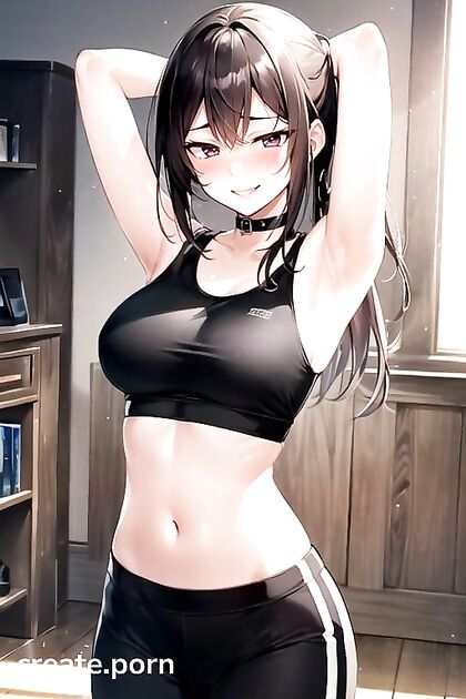 Blushingly Mischievous Girl 18+ with Ball Gag and Raised Arms in Seductive Hentai AI Image