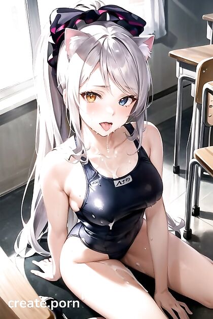Kneeling in Swimsuit with Cat Tail for Intense Hentai Pleasure
