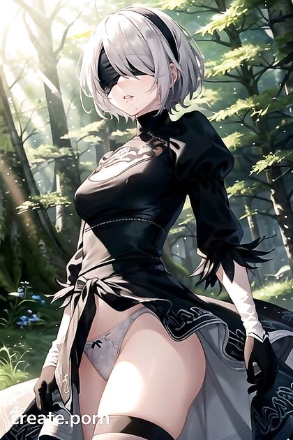 Yorha No.2 Type B Seduces in the Forest with sensual Waist Shots and Intense Hentai AI Image
