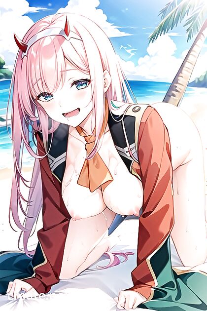 Zero Two from Darling in the FranXX Gets Wild on the Beach in steamy Hentai AI Image