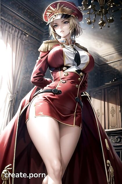 Blonde Officer Commissar with Massive Tits Strains in Tight Red Uniform and Trench Coat Hentai