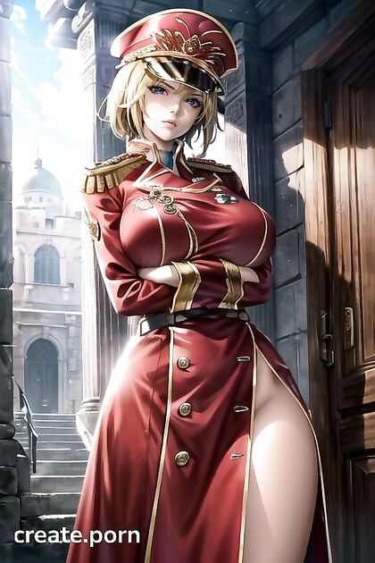 Blonde Officer Commissar in Tight Red Uniform with Massive Tits Strains Buttons