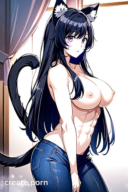 Naked Cat-Eared Beauty with Large Breasts in Seductive Hentai AI Image