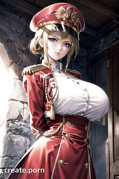Blonde Officer with Massive Tits Strains in Tight Uniform, Arms Crossed Behind Her Back
