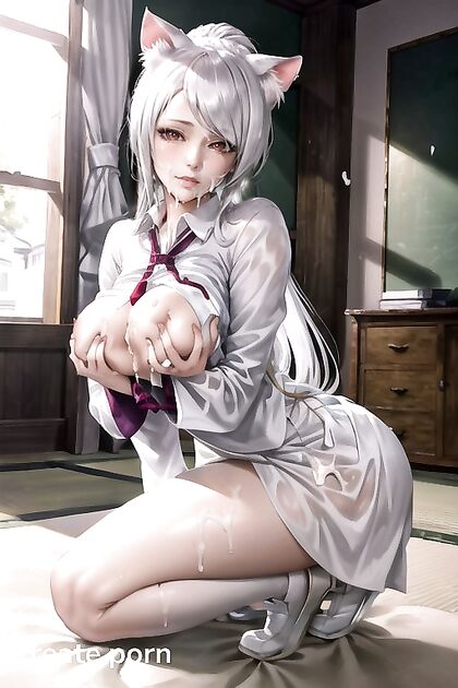 White-Haired Cutie with Tiny 18+ Butt and Natural Tits in Surreal CatGirl 18+ Hentai AI Image