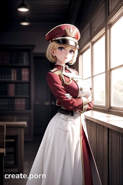 Blonde Officer Commissar with Massive Tits Strains in Tight Red and White Uniform