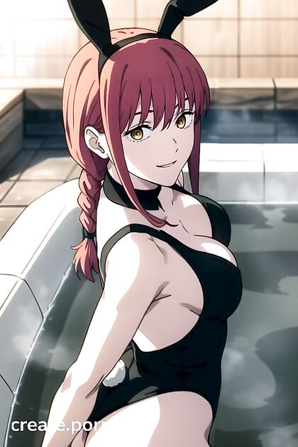 Hot Tub Thrills Makima in Seductive Black Bunny Suit With Red Hair Flair