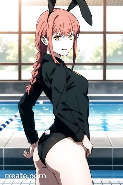 Makima's Seductive Splash - Red-Haired Bunny Tempts by the Pool